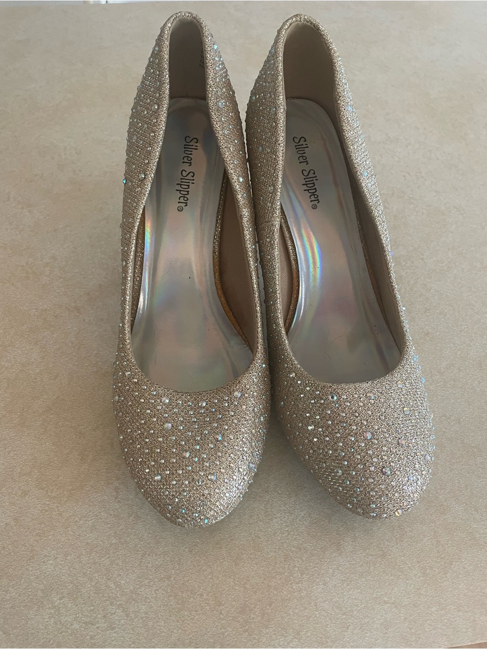 Women’s Glitter Rhinestone Mid Heel Pumps in Rose-Gold